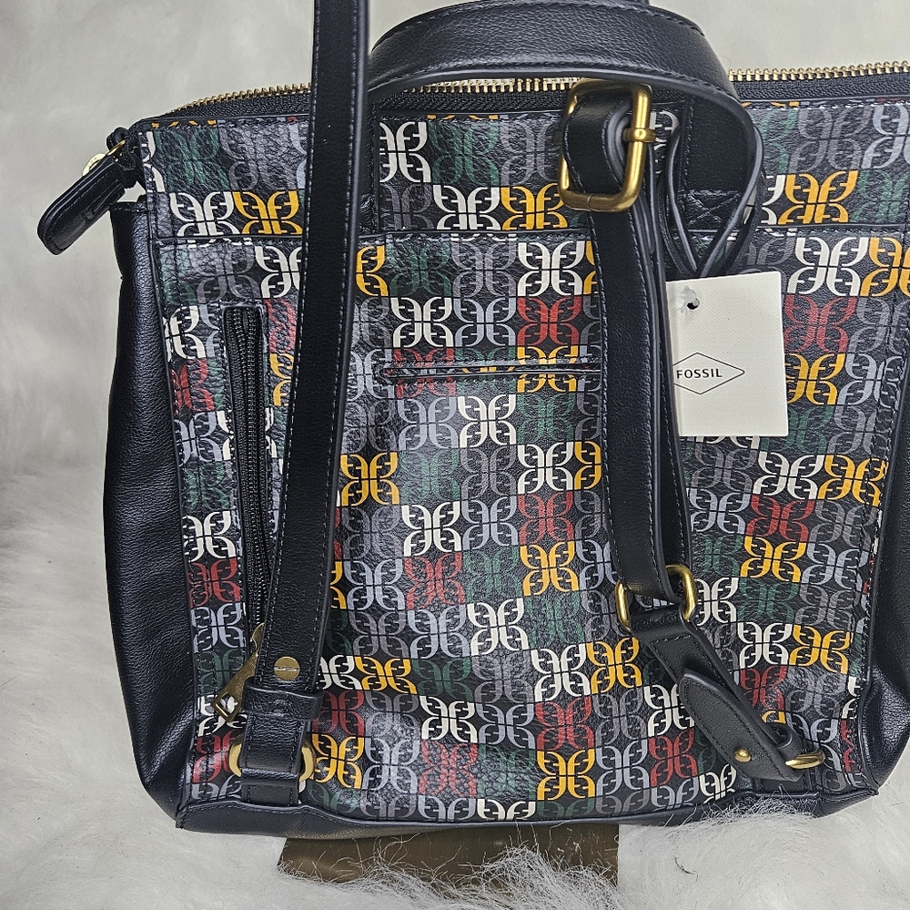 Fossil Geometric Blue and Brown Backpack with Leather Accents - Picture 9 of 10